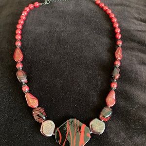 Vintage Black & Red Statement Necklace Polished Stone